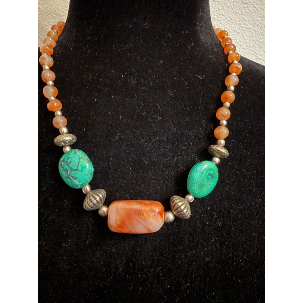Carnelian & Turquoise Beaded Necklace Boho Artisan Silver Tone Gemstone Jewelry - Picture 4 of 5